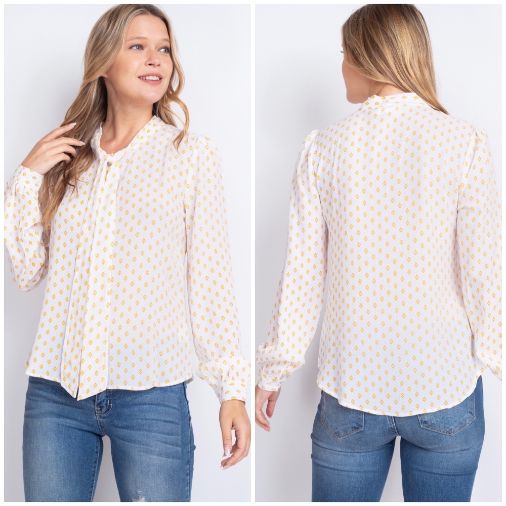 LAST ONE❗HAVE Mustard Long Sleeves Button-Up Bow Necktie Top - Picture 6 of 6